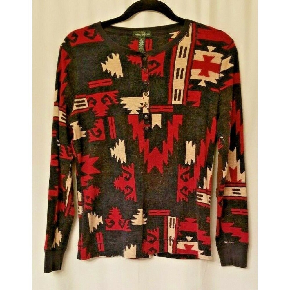 Vintage Ralph Lauren Jean Women Top Aztec Southwest Polo Elbow Patch Size Large